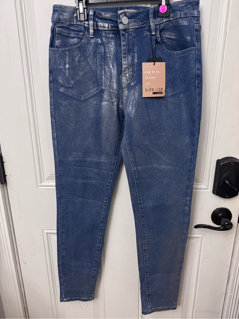 Women’s LOVE CULT Mid Rise Skinny Leg Jeans with Silver Metallic Finish Large
